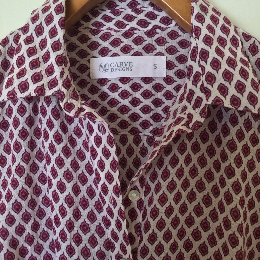Carve Designs Collared Shirt Dress Small Maroon Print Belted 100% Cotton Casual - Picture 6 of 13